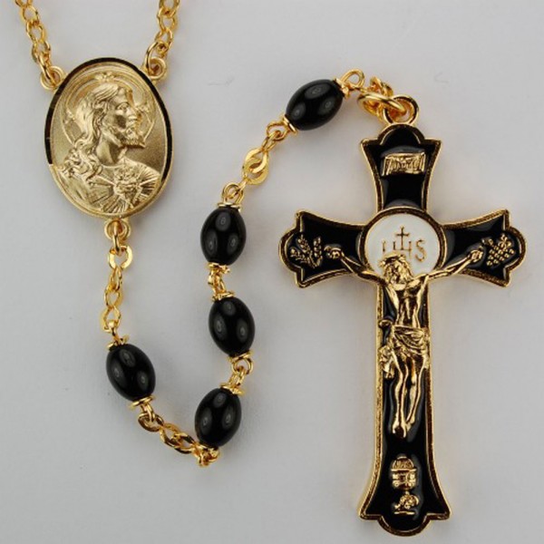 Black Enamel and Glass First Communion Rosary - Black