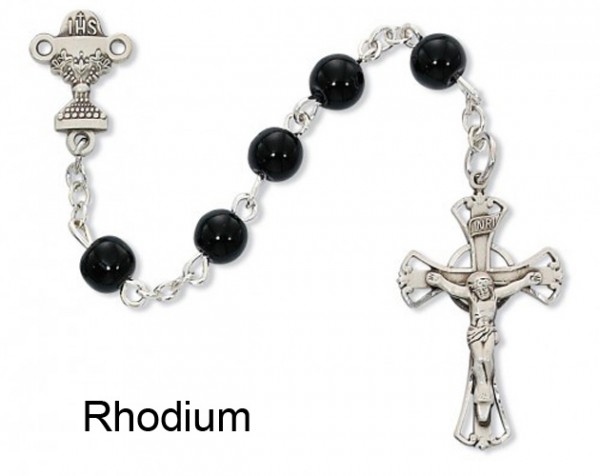 Black Glass First Communion Chalice Rosary - Black