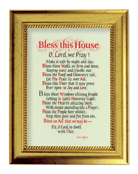 Bless This House by Helen Taylor Prayer 5x7 Print in Gold-Leaf Frame - Full Color