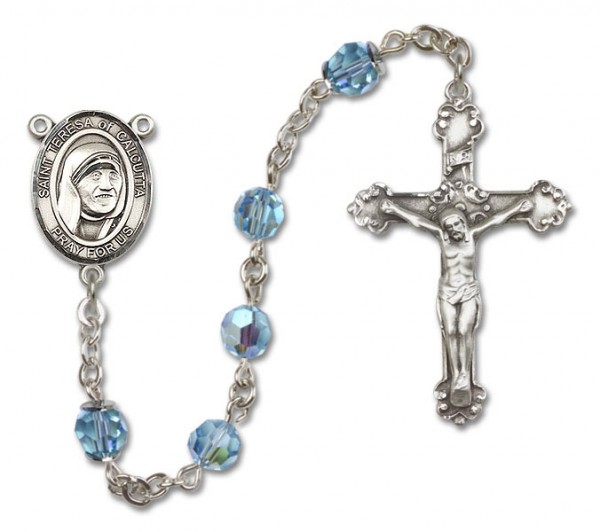 St. Mother Teresa of Calcutta Sterling Silver Heirloom Rosary Fancy Crucifix - Aqua