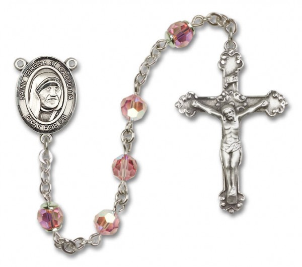St. Mother Teresa of Calcutta Sterling Silver Heirloom Rosary Fancy Crucifix - Light Rose