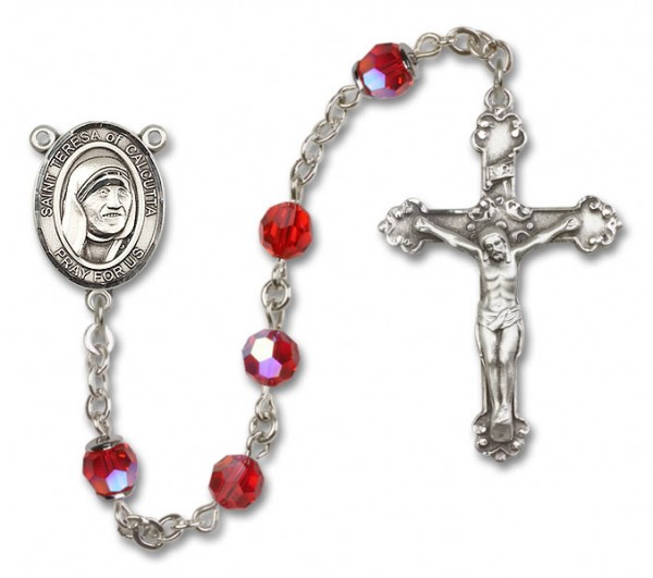 St. Mother Teresa of Calcutta Sterling Silver Heirloom Rosary Fancy Crucifix - Ruby Red