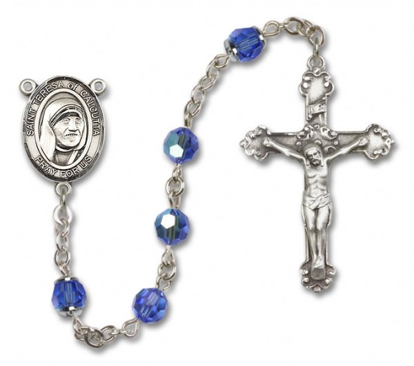 St. Mother Teresa of Calcutta Sterling Silver Heirloom Rosary Fancy Crucifix - Sapphire