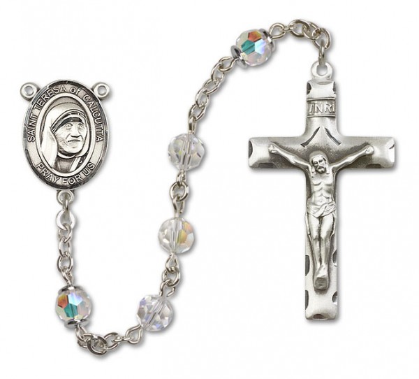 St. Teresa of Calcutta Sterling Silver Heirloom Rosary Squared Crucifix - Crystal