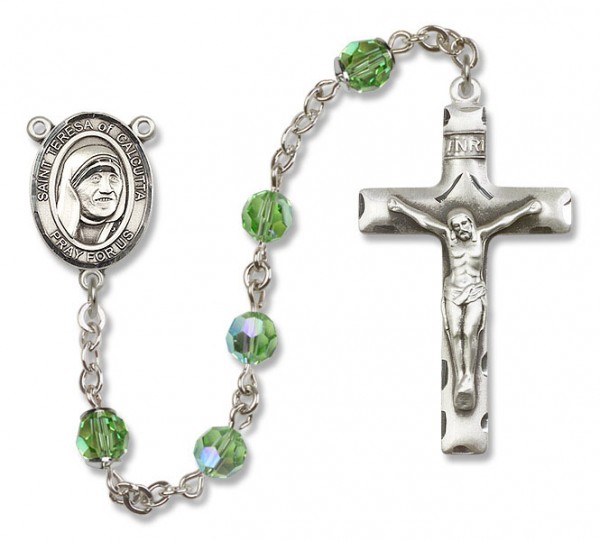 St. Teresa of Calcutta Sterling Silver Heirloom Rosary Squared Crucifix - Peridot