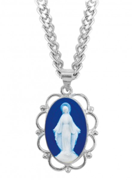 Blue Cameo Miraculous Medal Necklace Scalloped Edges - Blue | Silver