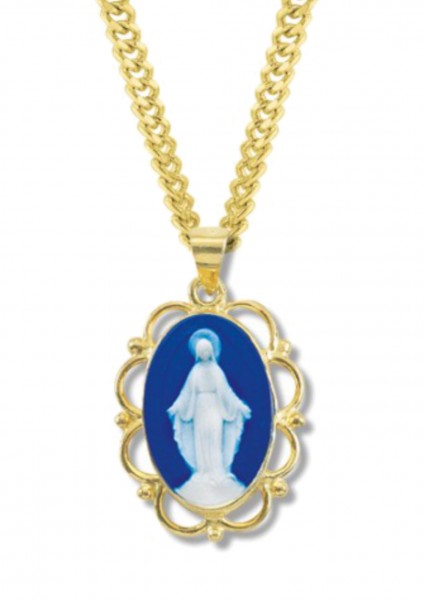 Blue Cameo Miraculous Medal Necklace Scalloped Edges - Blue | Gold