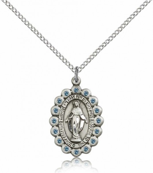 Blue Crystal Stone Border Miraculous Medal Necklace - Sterling Silver