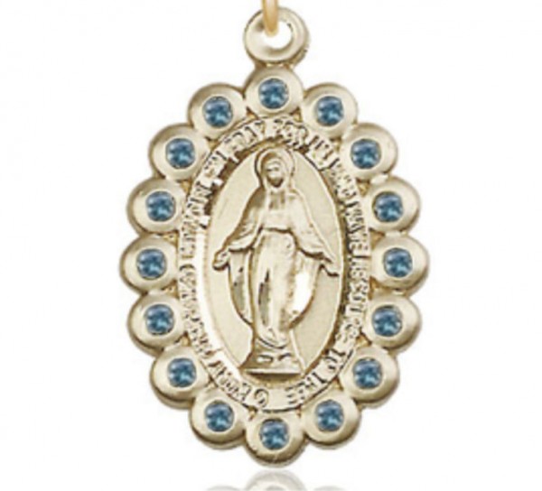 Blue Crystal Stone Border Miraculous Medal Necklace - 14K Solid Gold