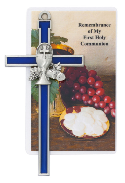 Blue Epoxy Communion Cross 5 Inch with Holy Card - Blue