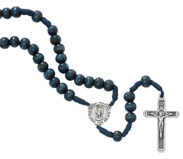 Blue Wood Bead Saint Michael Rosary - Brown