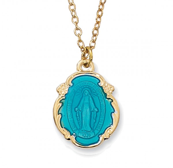 Blue and Gold Sterling Silver Miraculous Medal Necklace - Gold Tone