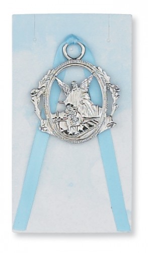 Boy Guardian Angel Crib Medal, Pewter - Silver