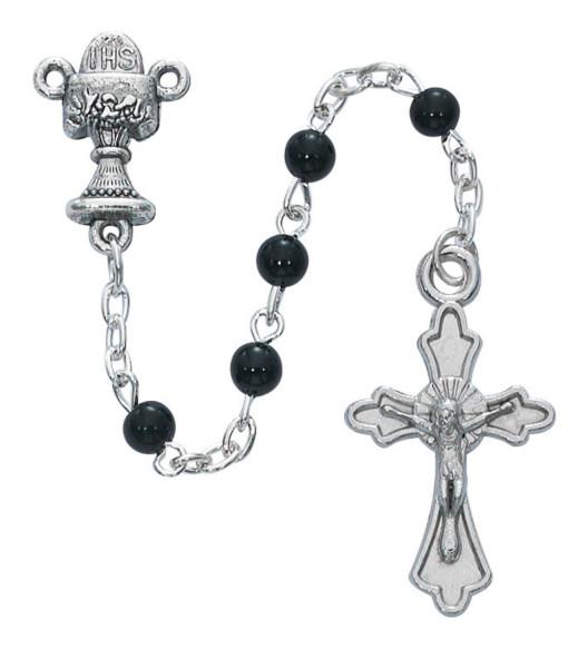 Boys Black Glass First Communion Rosary with Cross Box - Black