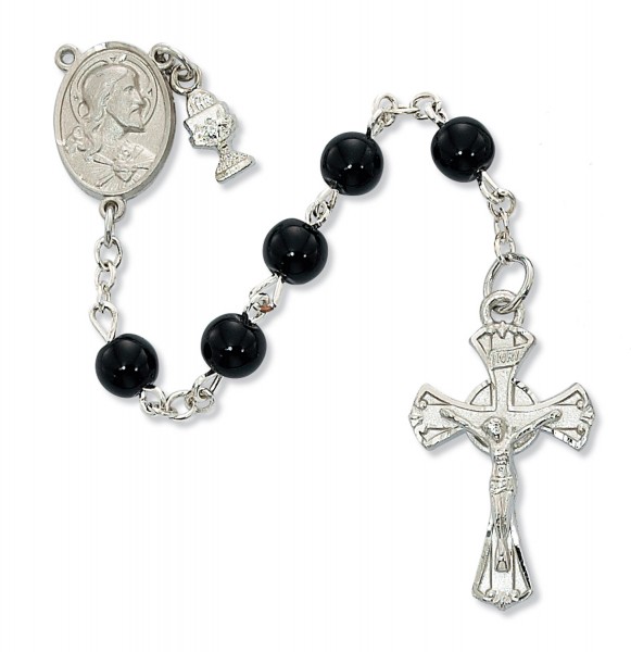 Boys Black Glass and Sacred Heart First Communion Rosary - Black