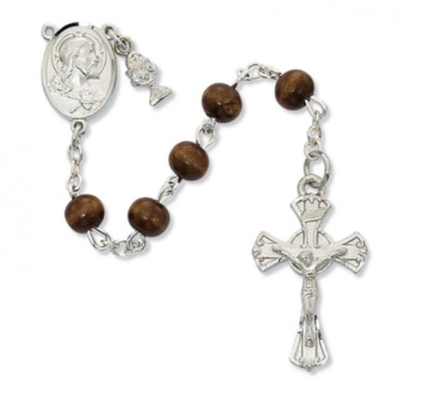 Boys First Communion Rosary with Brown Beads and Chalice Charm - Brown