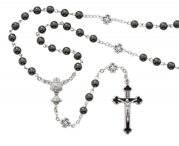 Boys First Communion Rosary with Cross Our Father Beads - Silver tone