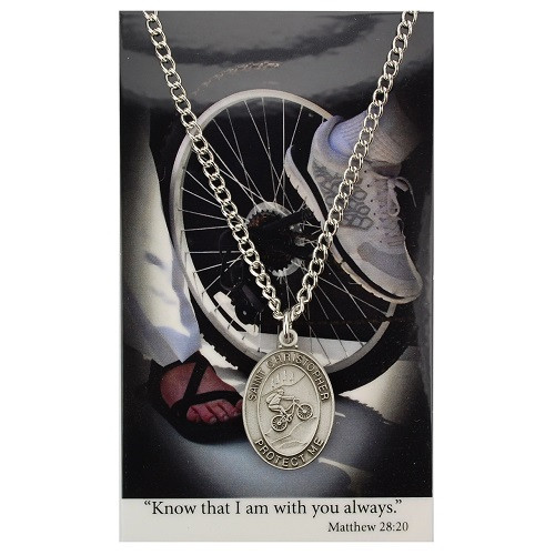 Boys St. Christopher Biking Medal with Prayer Card   - Silver-tone