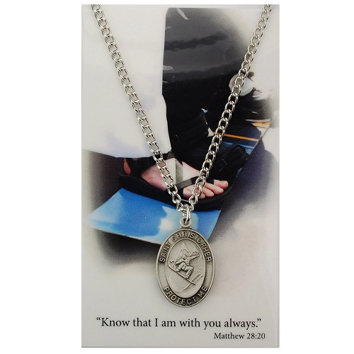 Boys St. Christopher Snowboard Medal with Prayer Card - Silver tone