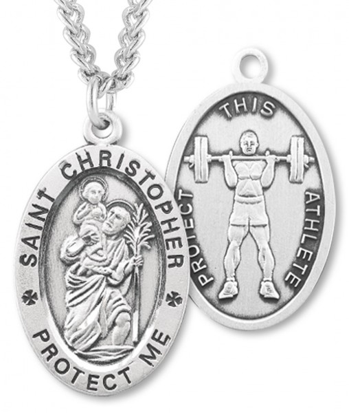 Men's Sterling Silver Oval  Saint Christopher Weightlifting Medal - Sterling Silver