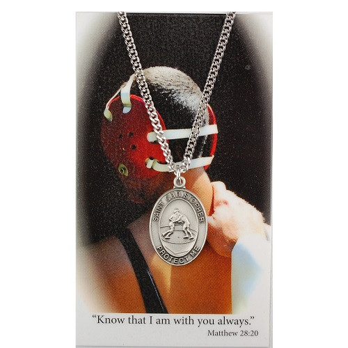 Boys St. Christopher Wrestling Medal with Prayer Card - Silver tone