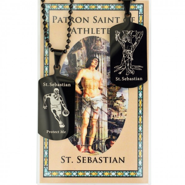 Boy's St. Sebastian Baseball Dog Tag Necklace and Prayer Card - Black