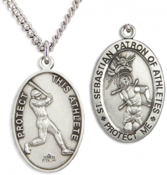Men's Sterling Silver Saint Sebastian Baseball Medal - Sterling Silver