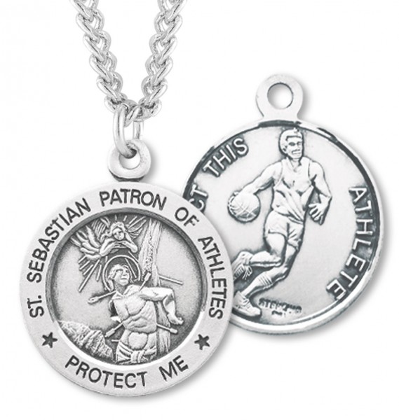 Men's Sterling Silver Round Saint Sebastian Basketball Medal - Sterling Silver