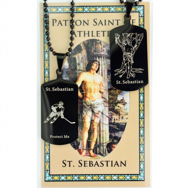 Boy's St. Sebastian Hockey Dog Tag Necklace and Prayer Card - Black
