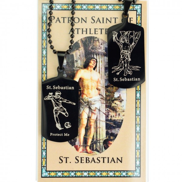 Boy's St. Sebastian Soccer Dog Tag Necklace and Prayer Card - Black