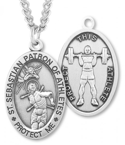 Men's Oval Sterling Silver Saint Sebastian Weightlifting Medal - Sterling Silver