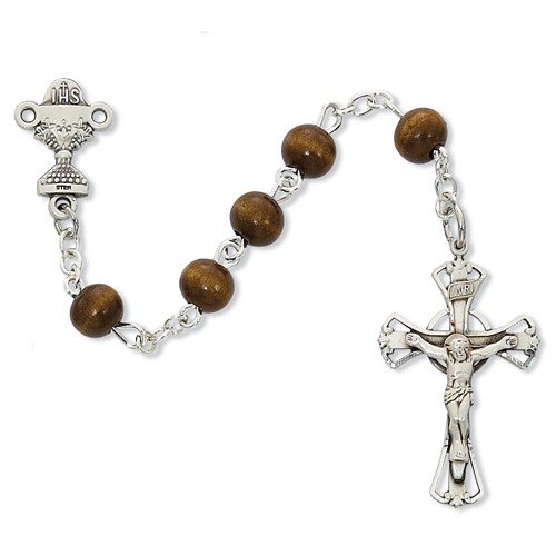 Brown Wood First Communion Chalice Rosary - Sterling Silver - Brown
