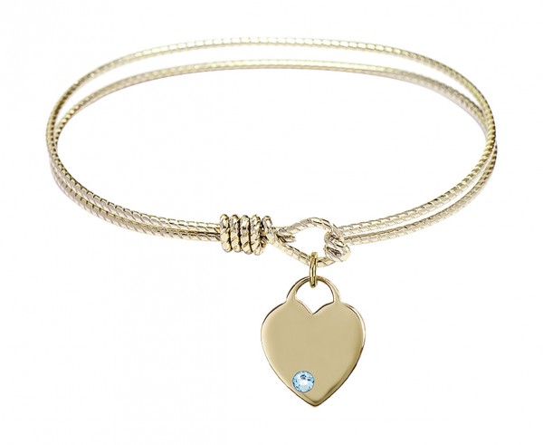 Cable Bangle Bracelet with a Birthstone Heart Charm - Aqua