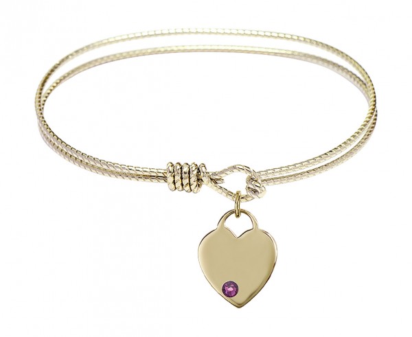Cable Bangle Bracelet with a Birthstone Heart Charm - Amethyst