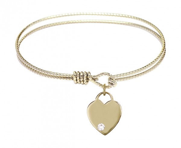 Cable Bangle Bracelet with a Birthstone Heart Charm - Crystal