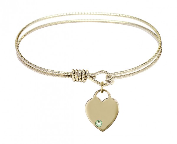 Cable Bangle Bracelet with a Birthstone Heart Charm - Peridot