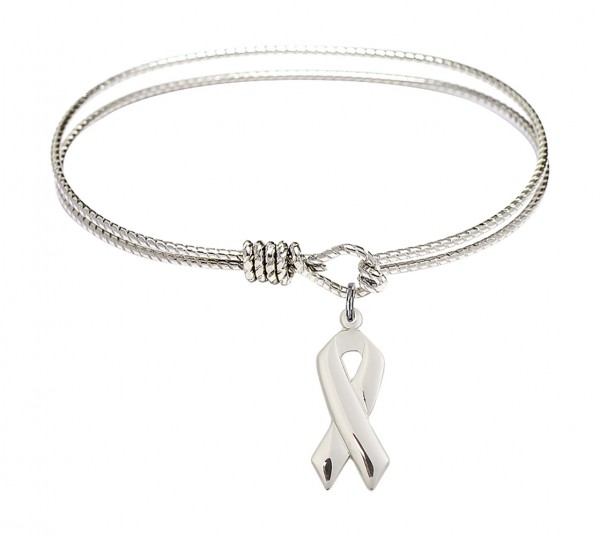 Cable Bangle Bracelet with a Cancer Awareness Charm - Silver