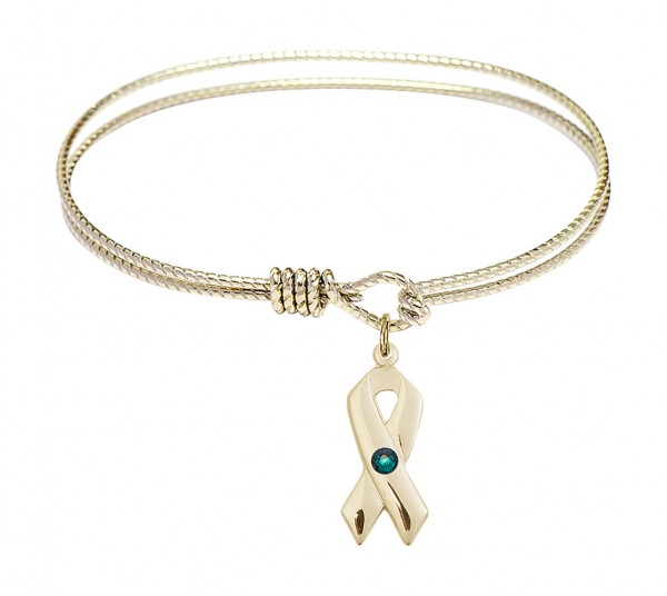 Cable Bangle Bracelet with a Cancer Awareness Charm - Emerald Green
