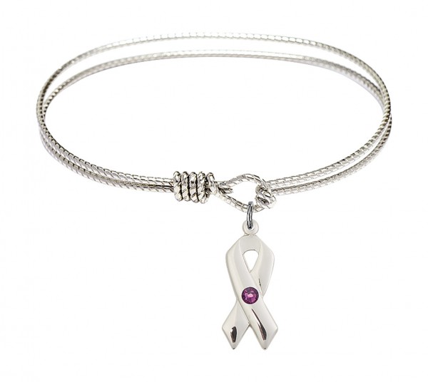 Cable Bangle Bracelet with a Cancer Awareness Charm - Amethyst
