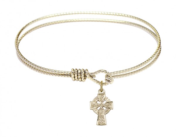 Cable Bangle Bracelet with a Celtic Cross Charm - Gold