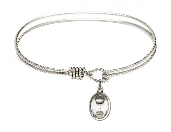 Cable Bangle Bracelet with an Oval Chalice Charm - Silver