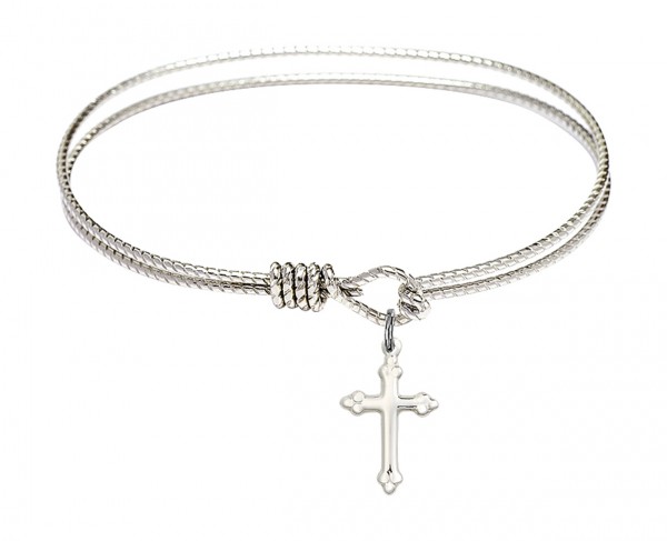 Cable Bangle Bracelet with a Cross Charm Charm - Silver