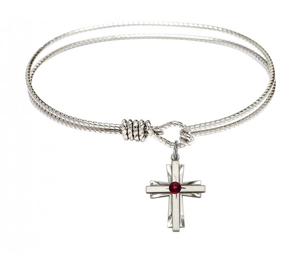 Cable Bangle Bracelet with a Cross Charm - Garnet