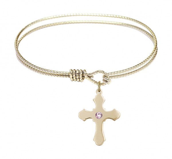 Cable Bangle Bracelet with a Cross Charm - Light Amethyst