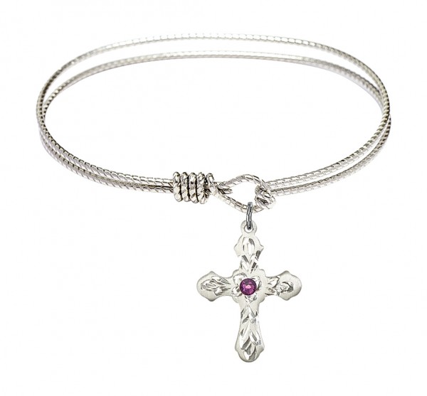 Cable Bangle Bracelet with a Cross Charm - Amethyst