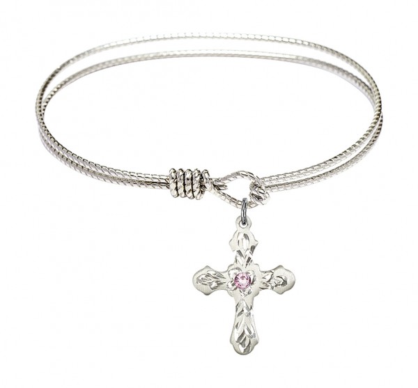 Cable Bangle Bracelet with a Cross Charm - Light Amethyst