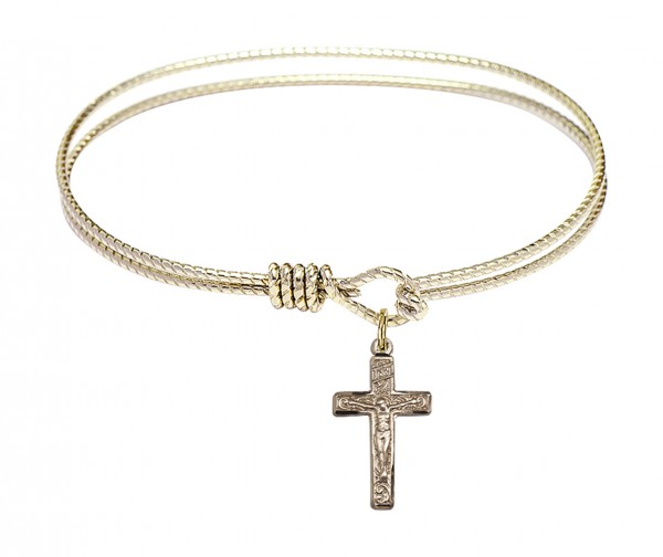 Cable Bangle Bracelet with a Crucifix Charm - Gold