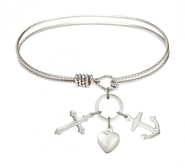 Cable Bangle Bracelet with a Faith, Hope &amp; Charity Charm - Silver