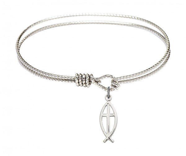 Cable Bangle Bracelet with a Fish Cross Charm - Silver