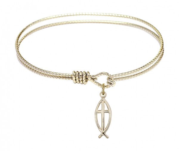 Cable Bangle Bracelet with a Fish Cross Charm - Gold